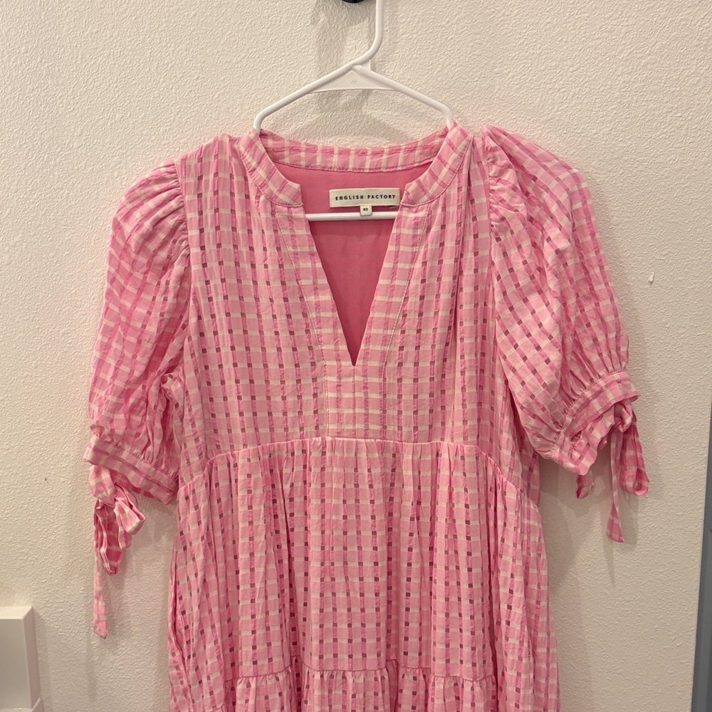 English Factory Pink Gingham Tiered Midi Dress with Puff Sleeves